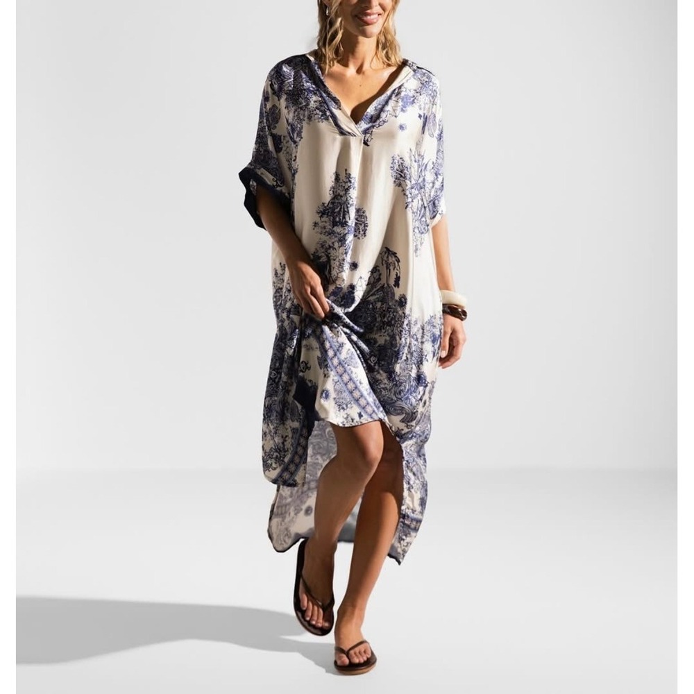Jaki London Italy Silk Blend Kaftan Maxi Dress Toile Blue Cream L/XL Pockets